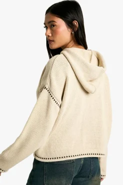 Jumpers|Knitwear*boohoo Premium Blanket Stitch Detail Knitted Hoody stone