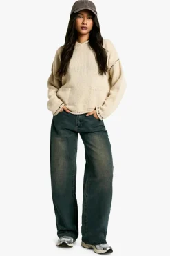 Jumpers|Knitwear*boohoo Premium Blanket Stitch Detail Knitted Hoody stone