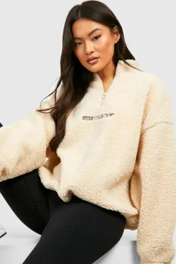 Sweatshirts|Hoodies & Sweatshirts*boohoo Premium Borg Toggle Hem Half Zip Sweater stone
