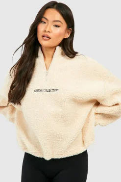 Sweatshirts|Hoodies & Sweatshirts*boohoo Premium Borg Toggle Hem Half Zip Sweater stone