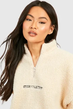 Sweatshirts|Hoodies & Sweatshirts*boohoo Premium Borg Toggle Hem Half Zip Sweater stone
