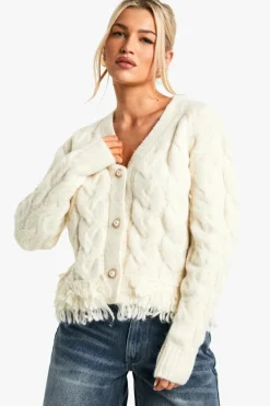 Cardigans|Jumpers & Cardigans*boohoo Premium Cable Knit Fringe Cardigan cream