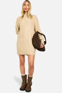 Jumper Dresses|Jumper Dresses*boohoo Premium Cable Knit Oversized Mini Dress beige