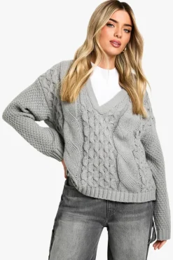 Jumpers|Jumpers & Cardigans*boohoo Premium Cable Knitted V Neck Jumper grey marl