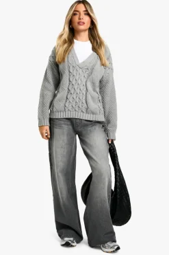 Jumpers|Jumpers & Cardigans*boohoo Premium Cable Knitted V Neck Jumper grey marl