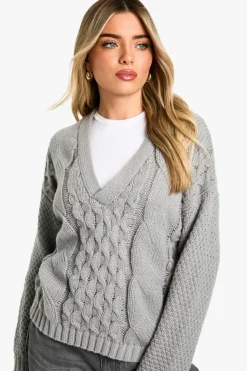 Jumpers|Jumpers & Cardigans*boohoo Premium Cable Knitted V Neck Jumper grey marl