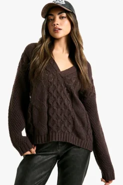Jumpers|Jumpers & Cardigans*boohoo Premium Cable Knitted V Neck Jumper chocolate