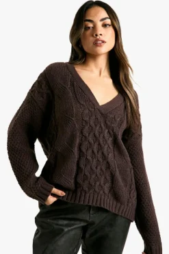 Jumpers|Jumpers & Cardigans*boohoo Premium Cable Knitted V Neck Jumper chocolate