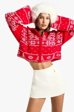 Cardigans*boohoo Premium Christmas Fairisle Zip Up Knitted Cardigan red