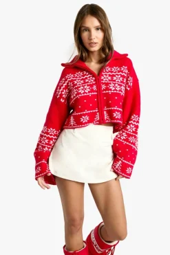 Cardigans*boohoo Premium Christmas Fairisle Zip Up Knitted Cardigan red