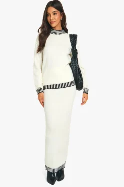 Knitted Co-Ords|Up To 80% Off Winter Warmers*boohoo Premium Contrast Trim Jumper And Maxi Skirt Knitted Co-ord ecru
