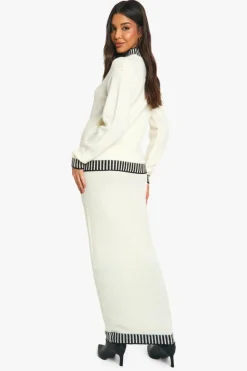 Knitted Co-Ords|Up To 80% Off Winter Warmers*boohoo Premium Contrast Trim Jumper And Maxi Skirt Knitted Co-ord ecru