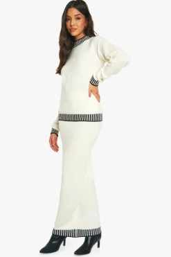 Knitted Co-Ords|Up To 80% Off Winter Warmers*boohoo Premium Contrast Trim Jumper And Maxi Skirt Knitted Co-ord ecru