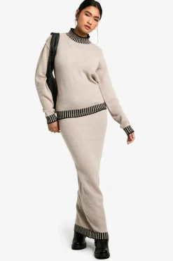 Knitted Co-Ords|Up To 80% Off Winter Warmers*boohoo Premium Contrast Trim Jumper And Maxi Skirt Knitted Co-ord taupe