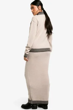 Knitted Co-Ords|Up To 80% Off Winter Warmers*boohoo Premium Contrast Trim Jumper And Maxi Skirt Knitted Co-ord taupe