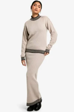 Knitted Co-Ords|Up To 80% Off Winter Warmers*boohoo Premium Contrast Trim Jumper And Maxi Skirt Knitted Co-ord taupe