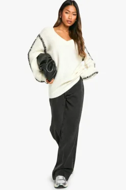 Oversized Jumpers|Jumpers*boohoo Premium Contrast Trim V Neck Longline Jumper ecru