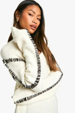 Oversized Jumpers|Jumpers*boohoo Premium Contrast Trim V Neck Longline Jumper ecru