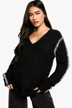 Oversized Jumpers|Jumpers*boohoo Premium Contrast Trim V Neck Longline Jumper black
