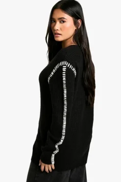 Oversized Jumpers|Jumpers*boohoo Premium Contrast Trim V Neck Longline Jumper black