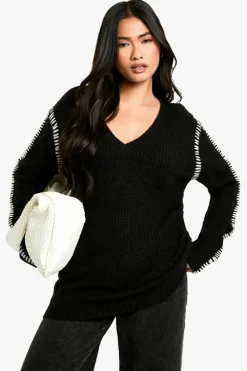 Oversized Jumpers|Jumpers*boohoo Premium Contrast Trim V Neck Longline Jumper black