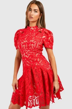 Mini Dresses*boohoo Premium Crochet Lace Puff Sleeve Mini Dress red