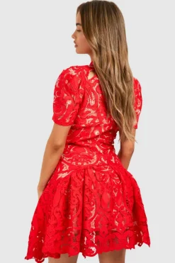Mini Dresses*boohoo Premium Crochet Lace Puff Sleeve Mini Dress red