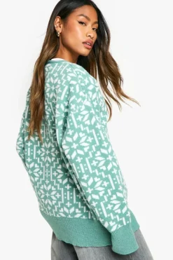 Cardigans*boohoo Premium Fairisle Snowflake Knitted Christmas Cardigan green