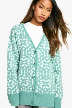 Cardigans*boohoo Premium Fairisle Snowflake Knitted Christmas Cardigan green