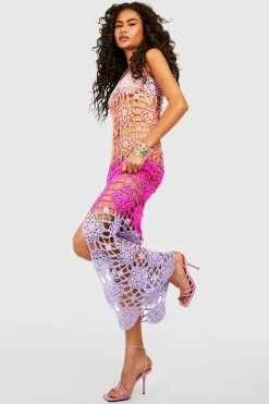 Jumper Dresses|Jumper Dresses*boohoo Premium Floral Crochet Split Front Maxi Dress pink