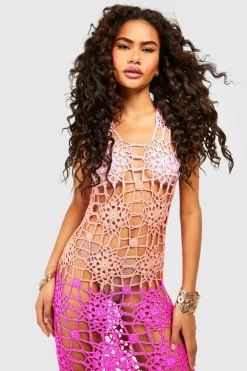 Jumper Dresses|Jumper Dresses*boohoo Premium Floral Crochet Split Front Maxi Dress pink