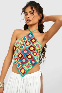 Knitted Tops|Beachwear*boohoo Premium Halterneck Crochet Crop Top green