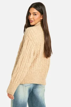 Cardigans|Jumpers & Cardigans*boohoo Premium Heavy Weight Cable Knit Zip Cardigan beige