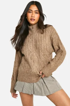 Cardigans*boohoo Premium Heavy Weight Cable Knit Zip Jacket mocha