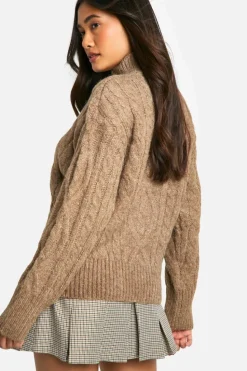 Cardigans*boohoo Premium Heavy Weight Cable Knit Zip Jacket mocha