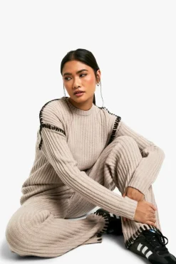 Knitted Co-Ords|Knitwear*boohoo Premium Heavyweight Contrast Trim Jumper And Trouser Knitted Set taupe