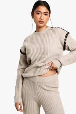 Knitted Co-Ords|Knitwear*boohoo Premium Heavyweight Contrast Trim Jumper And Trouser Knitted Set taupe