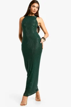 Cami Dresses|Maxi Dresses*boohoo Premium Hot Fix Racer Neck Maxi Dress emerald
