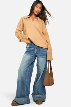 Oversized Jumpers|Jumpers*boohoo Premium Knitted Collared Oversized Jumper beige