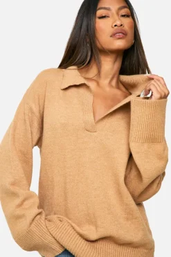 Oversized Jumpers|Jumpers*boohoo Premium Knitted Collared Oversized Jumper beige