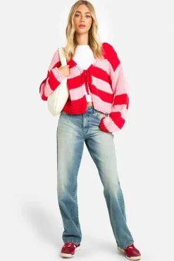 Cardigans*boohoo Premium Knitted Striped Tie Front Cardigan red