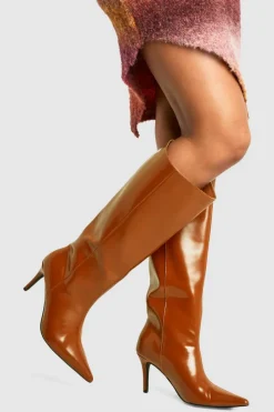 Over The Knee Boots|All Boots*boohoo Premium Leather Look Pointed Knee High Boots tan