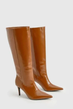 Over The Knee Boots|All Boots*boohoo Premium Leather Look Pointed Knee High Boots tan