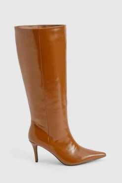 Over The Knee Boots|All Boots*boohoo Premium Leather Look Pointed Knee High Boots tan