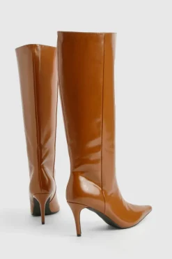 Over The Knee Boots|All Boots*boohoo Premium Leather Look Pointed Knee High Boots tan