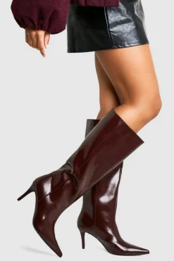 Over The Knee Boots|Knee High Boots*boohoo Premium Leather Look Pointed Knee High Boots plum