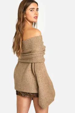 Oversized Jumpers*boohoo Premium Longline Bardot Knitted Jumper mocha