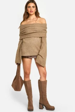 Oversized Jumpers*boohoo Premium Longline Bardot Knitted Jumper mocha