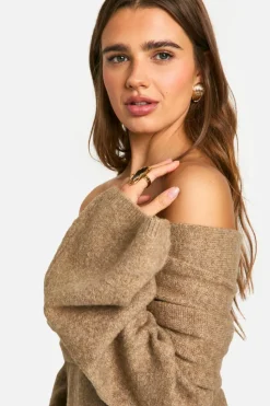 Oversized Jumpers*boohoo Premium Longline Bardot Knitted Jumper mocha