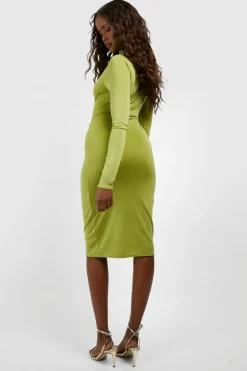 Midi Dresses*boohoo Premium Matte Slinky Funnel Neck Midi Dress olive